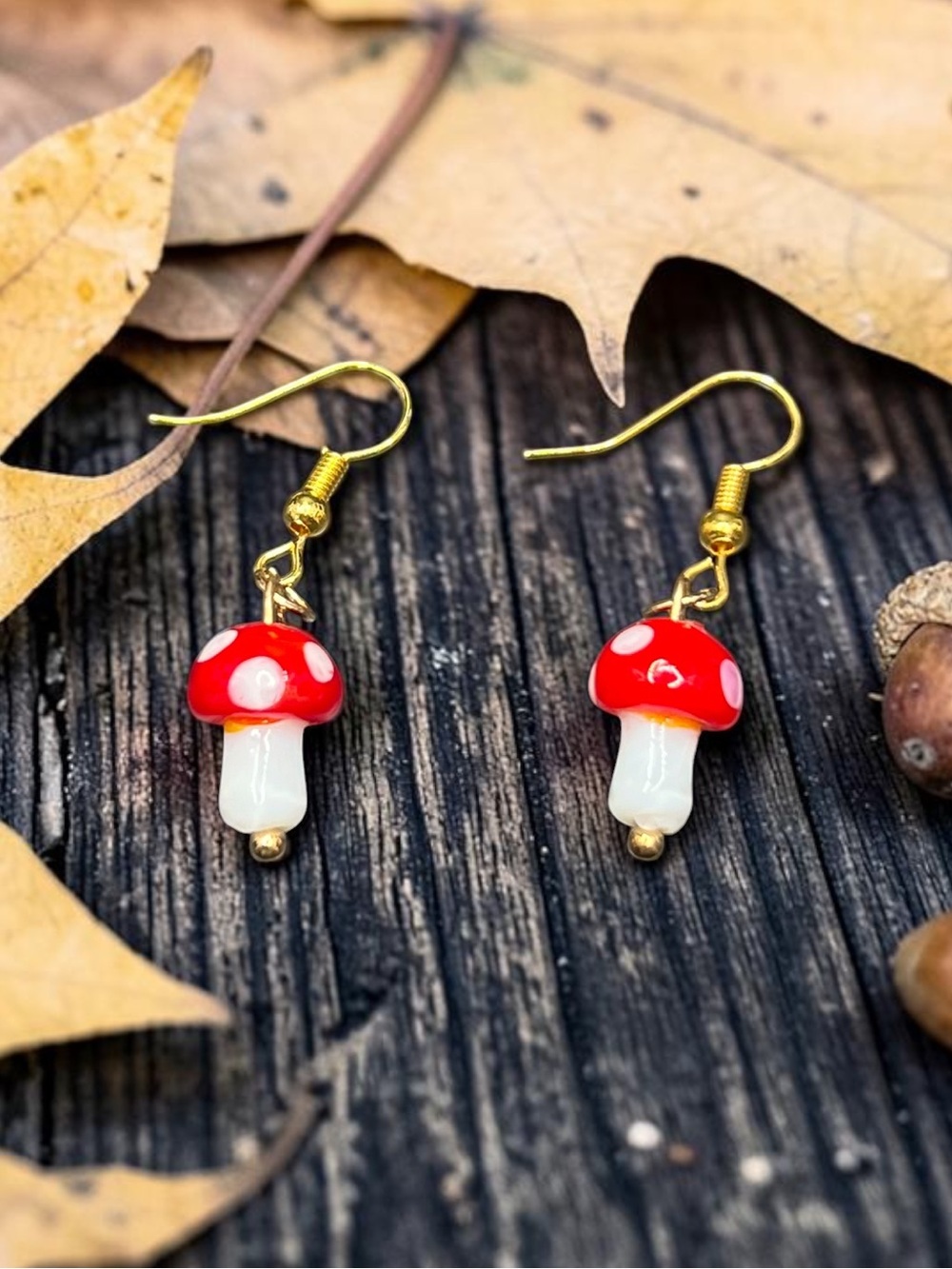 🍄 Handmade Tiny Glass Red Polka Dot Mushroom Earrings Gold Tone Hooks